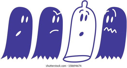 A group of cute ghosts reacting with surprise, fear and indignation when finding a condom among them which pretends to be one ghost more and when feels discovered acts as if nothing was wrong