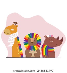 Group of cute giraffe,lion,and rhinoceros for LGBTQ+ concept. Vector illustration on white background