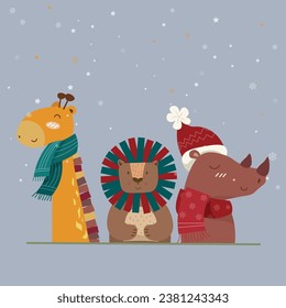 Group of cute giraff,lion,and rhinoceros over dark blue and snowflake background on Christmas night. Vector illustration for Christmas celebration concept