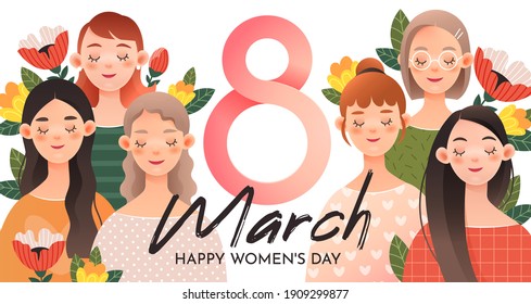 A group of cute girls with the number 8. Greeting card for International Women's Day (March 8).