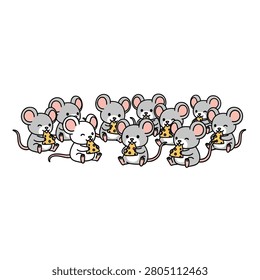 A group of cute grey and white cartoon mice eating cheese wedges. Clean kawaii style illustration on a plain white background.