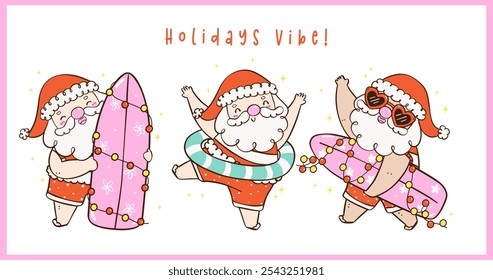 Group of Cute Groovy Christmas Summer Beach Santa idea for greeting card and banner