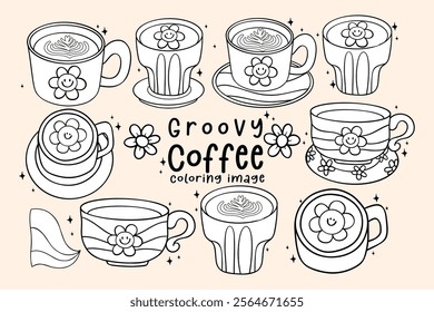 Group of Cute Groovy Retro Coffee in cup and mug Latte, Cappuchino Hot Drink Hand Drawn Coloring Image