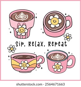 Group of Cute Groovy Retro Coffee in cup and mug  Hot Drink Hand Drawn
