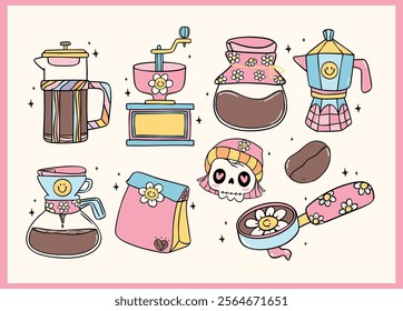 Group of Cute Groovy Retro Cooffee Equipment Doodle Hand Drawn, grinder, pourover, bean, bag, drip, espresso, press