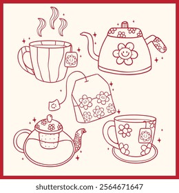 Group of Cute Groovy Retro Tea pot and Tea cup Doodle Outline Hand Drawn 