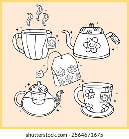 Group of Cute Groovy Retro Tea pot and Tea cup Doodle Hand Drawn Coloring Image Black and White