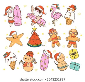 Group of Cute Groovy Summer Christmas Tropical Holidays Element Symbol cartoon doodle hand drawn collection