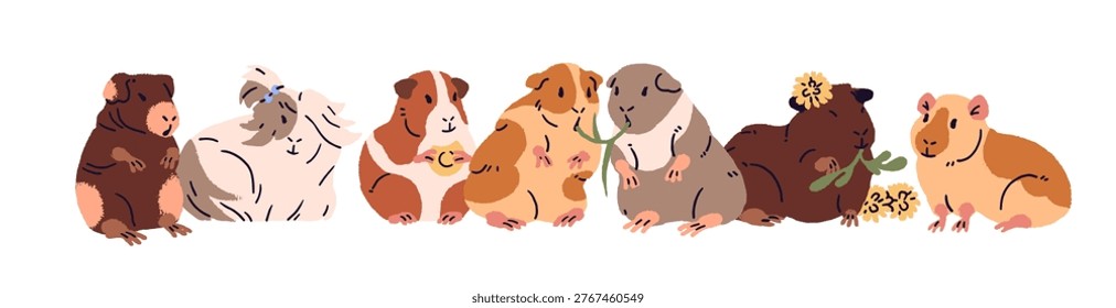Group of cute guinea pigs is sitting together. Funny cavies are eating vegetables, grass, dandelion flowers. Rodents with food. Adorable pets, happy animals. Flat isolated vector illustration on white