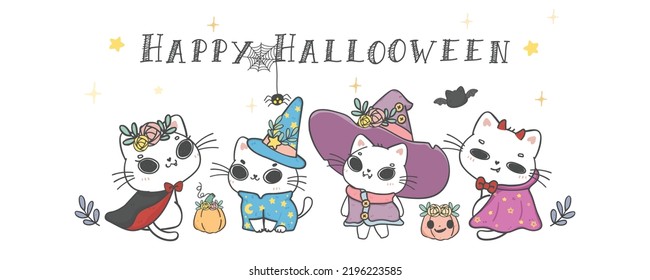 Group Of Cute Halloween Kitten Cat In Party Costume Cartoon Pet Doodle Hand Drawing