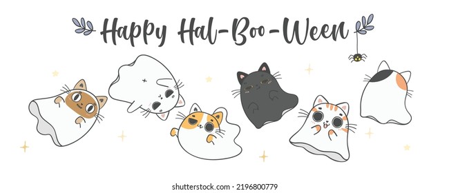 Group Of Cute Halloween Kitten Cat Ghost Cartoon Pet Doodle Hand Drawing