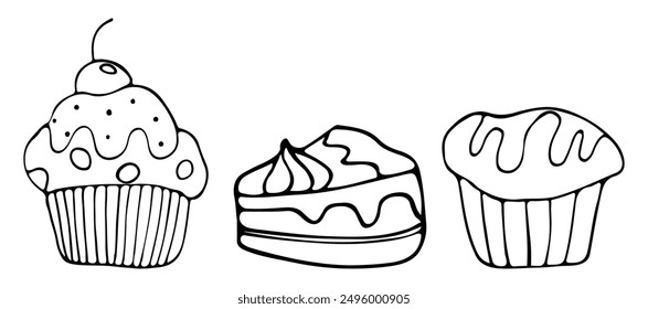 A group of cute hand-drawn cakes, black and white pastry icons, a cake outline doodle, a cupcake, a muffin and a pie
