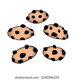 A group of cute hand-drawn cookies with chocolate chips isolated on white