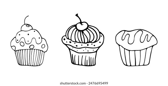 Un grupo de lindos muffins y cupcakes dibujados a mano, un set de íconos de cupcakes en blanco y negro, una colección de garabatos pastelería, tres dibujos de pasteles