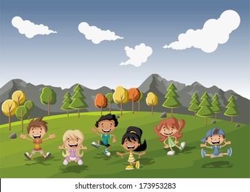 Group of cute happy cartoon kids playing in green  park 