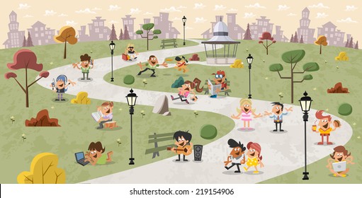 Group of cute happy cartoon people in the park