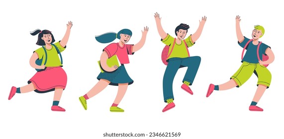 Group of cute happy children or pupil with backpacks laughing, waving hands greeting each other. Back to school.