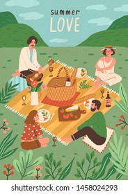 Group of cute happy friends having lunch meals outdoor. Young smiling men and women dining or eating snacks at picnic or party in park. Summer vacation. Flat cartoon colorful vector illustration.