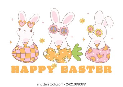 Group of Cute Happy Groovy Easter bunny with disco retro eggs. Playful cartoon banner doodle animal character hand drawing.