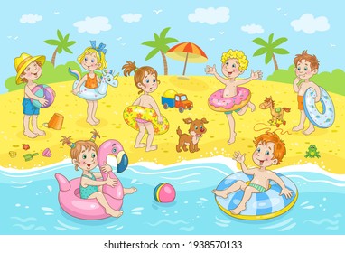 A group of cute happy kids are relaxing on the sea beach. Children swim in inflatable rubber circles, play and sunbathe. Colorful picture in cartoon style. Vector illustration.