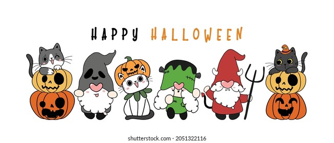 Group of cute happy kitten cats and fancy Halloween Gnome costume, Happy Halloween, flat cartoon hand drawn doodle outline vector