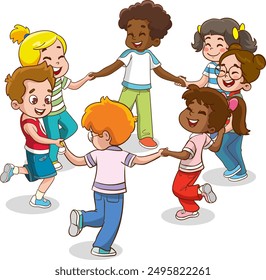 Group of cute happy little children, boys and girls, holding hands and dancing in circle, having fun playing together with smile on their faces.