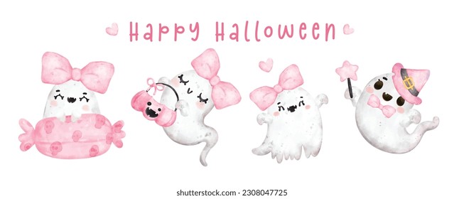 Group of Cute happy smile kawaii ghost pink Halloween, Happy Halloween, cartoon character bootiful watercolour hand painted vector