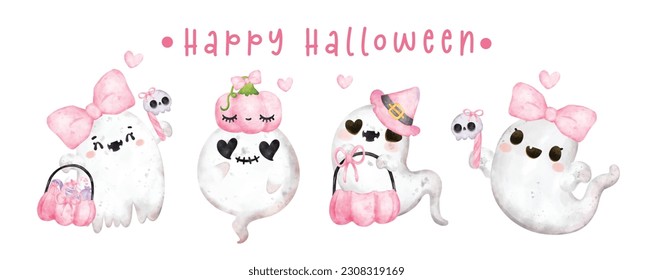 Grupo de sonrisa alegre lindo kawaii fantasma rosa Hallooween , Feliz Halloween, personaje de caricatura acuarela bandera vectorial pintada a mano