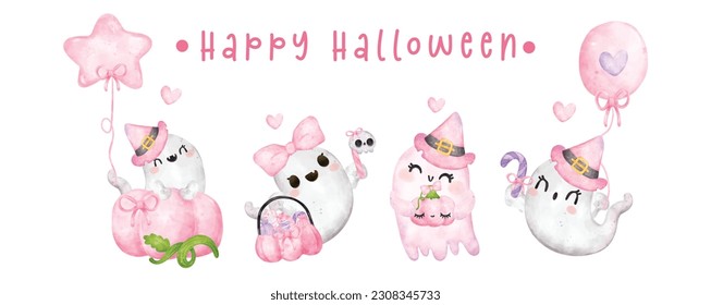 Grupo de sonrisa alegre lindo kawaii fantasma halloween rosa , Banner de Feliz Halloween, personaje de caricatura acuarela vector pintado a mano