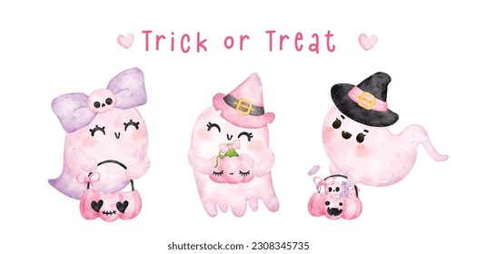Group of Cute happy smile kawaii ghost pink Halloween , trick or treat, cartoon character watercolour hand painted vector banner