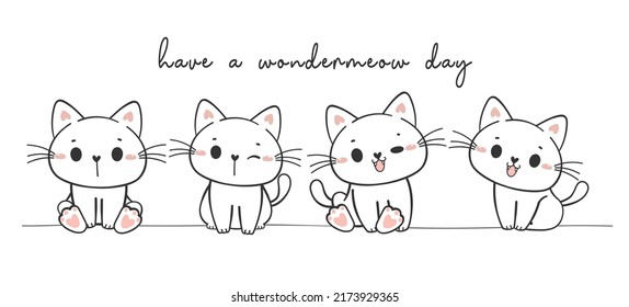group of cute happy smile kitten cat sitting cartoon doodle hand drawing banner vector