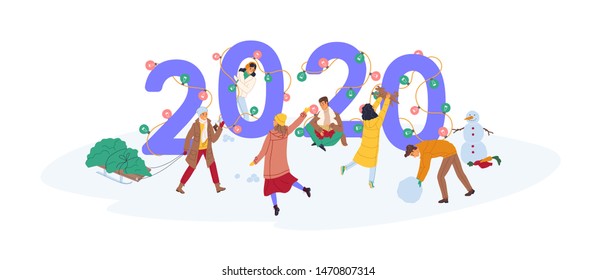 Group of cute happy tiny people celebrating New Year, carrying spruce tree and making snowman near giant 2020 number decorated by festive light bulb garland. Holiday flat cartoon vector illustration.