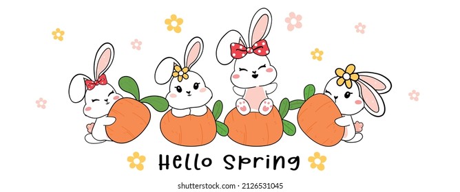 group of Cute Happy white baby bunny rabbit with carrot, Hello Spring, cartoon drawing outline banner 