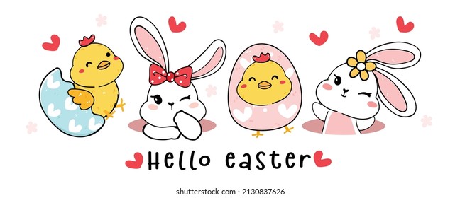 group of cute Happy white baby bunny rabbit in hole and baby chicken in egg, Hello Easter, cartoon drawing outline banner 