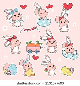 Group cute happy white baby bunny rabbit and carrot   Easter egg sticker collection set  cartoon drawing outline vector