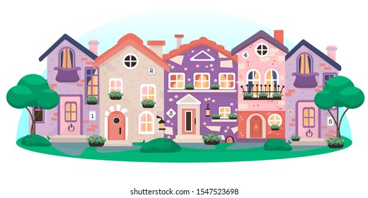 Group of cute houses with flower pots surrounded by trees