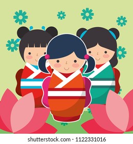 group cute japanese kokeshi doll in kimono