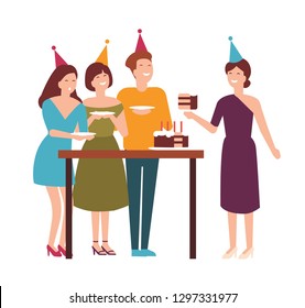 Group of cute joyful people cutting, tasting festive cake and celebrating birthday. Happy man and women enjoying party. Delicious celebratory dessert. Vector illustration in flat cartoon style.