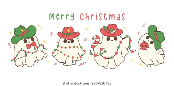 Group of Cute and Kawaii Christmas Cowboy Ghosts. Festive Holiday Banner Cartoon Hand Drawing with Adorable Pose