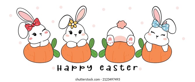 Group of Cute and kawaii Easter bunny with carrot Cartoon doodle hand drawing illustration banner.