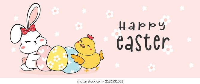 Group of Cute and kawaii Easter bunny with baby chicken Cartoon doodle hand drawing illustration banner.