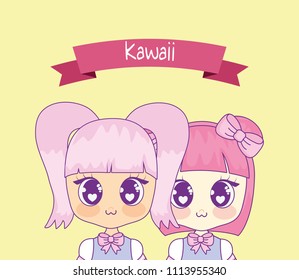 group of cute kawaii girls with ribbon