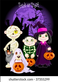 A group of cute kids and dog, dressed up to trick or treat on Halloween night. All characters on separate layers