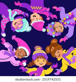 Group of cute kids jumping in bright winter clothes. Happy children dressed in warm costumes. Joyful pastime. Winter wonderland vacation. Cartoon multiethnic boys and girls. Vector flat illustration.