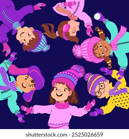 Group of cute kids jumping in bright winter clothes. Happy children dressed in warm costumes. Joyful pastime. Winter wonderland vacation. Cartoon multiethnic boys and girls. Vector flat illustration.