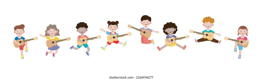 group of cute kids jumping playing guitar, happy children playing the guitar. Musical performance. isolated vector Illustration on white background. in cartoon flat style