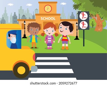 Group of cute kids waiting for a green traffic light signal to cross the road while going to home