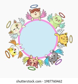 A group of cute kittens with colorful angel wings surrounded by circles. , vector illustration