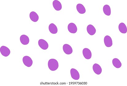 Group of cute lilac dots of similar size isolated on transparent background. Hand-drawn geometric clipart for modern abstract designs. Vector doodle of colored spots. Funny specks of a simple shape.