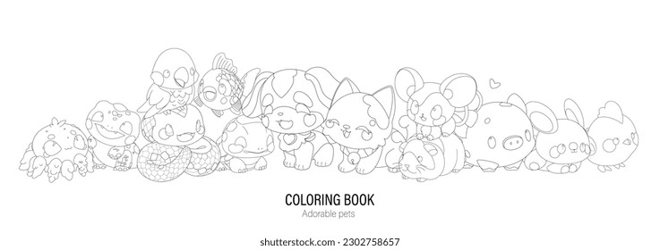Group of a cute little animals with a kind smiling face and big eyes. Vector pet illustration drawn in a simple graphic outline style isolated on a white background. Coloring book page design
